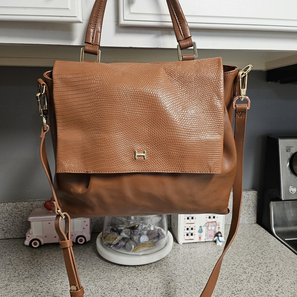 H by Halston Smooth Leather Purse Satchel w/Snake Embossed Flap & Back Brown